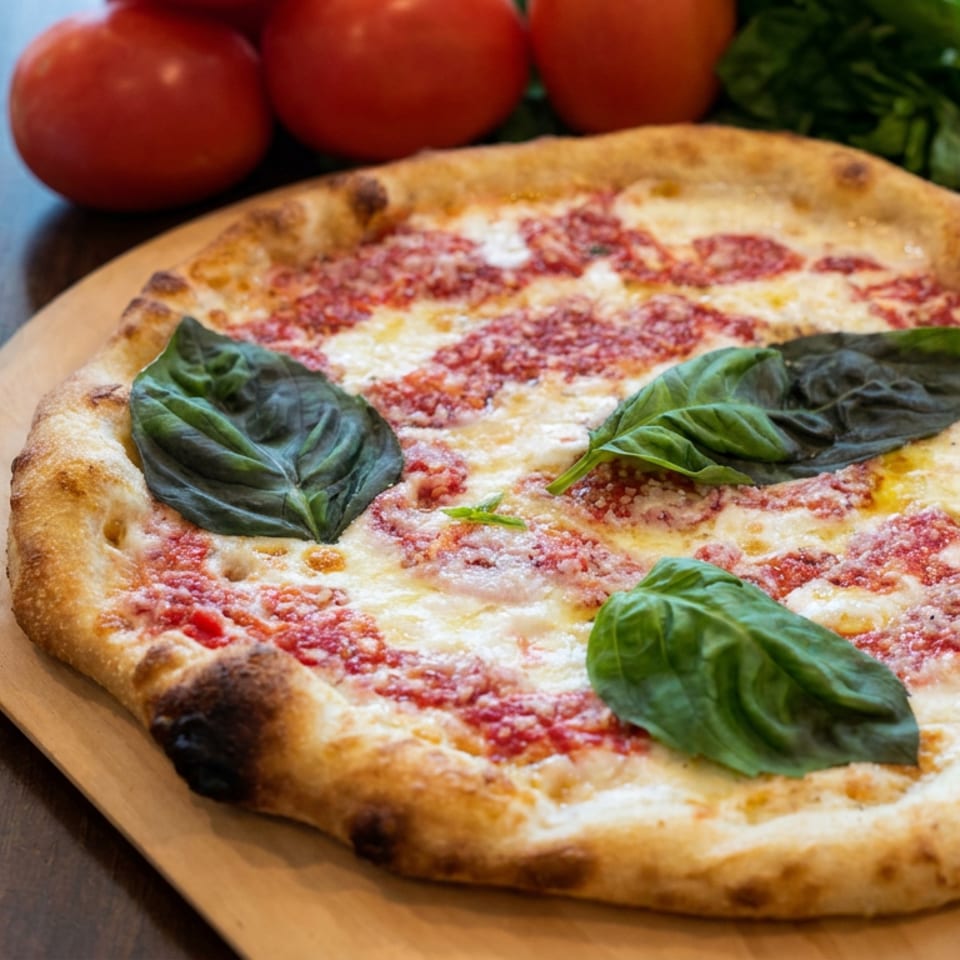 Margherita pizza topped with tomato sauce, melted mozzarella, and fresh basil on a wooden board, with tomatoes and seasoning bowls nearby.
