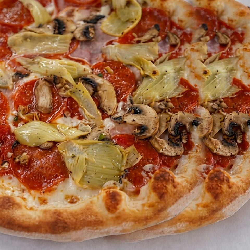 Thin-crust pizza topped with pepperoni, mushrooms, artichoke hearts, tomato sauce, and melted cheese on a white plate.