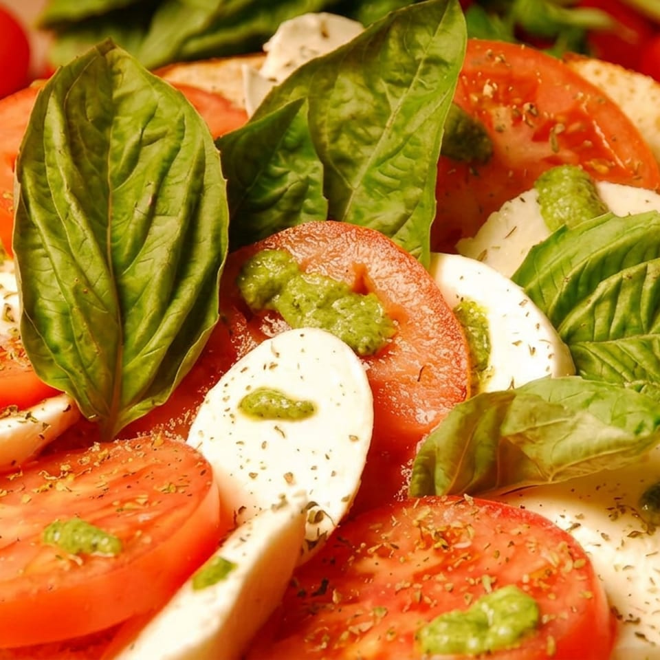 Open-faced caprese sandwich with sliced tomatoes, fresh mozzarella, basil leaves, pesto, and Italian herbs.
