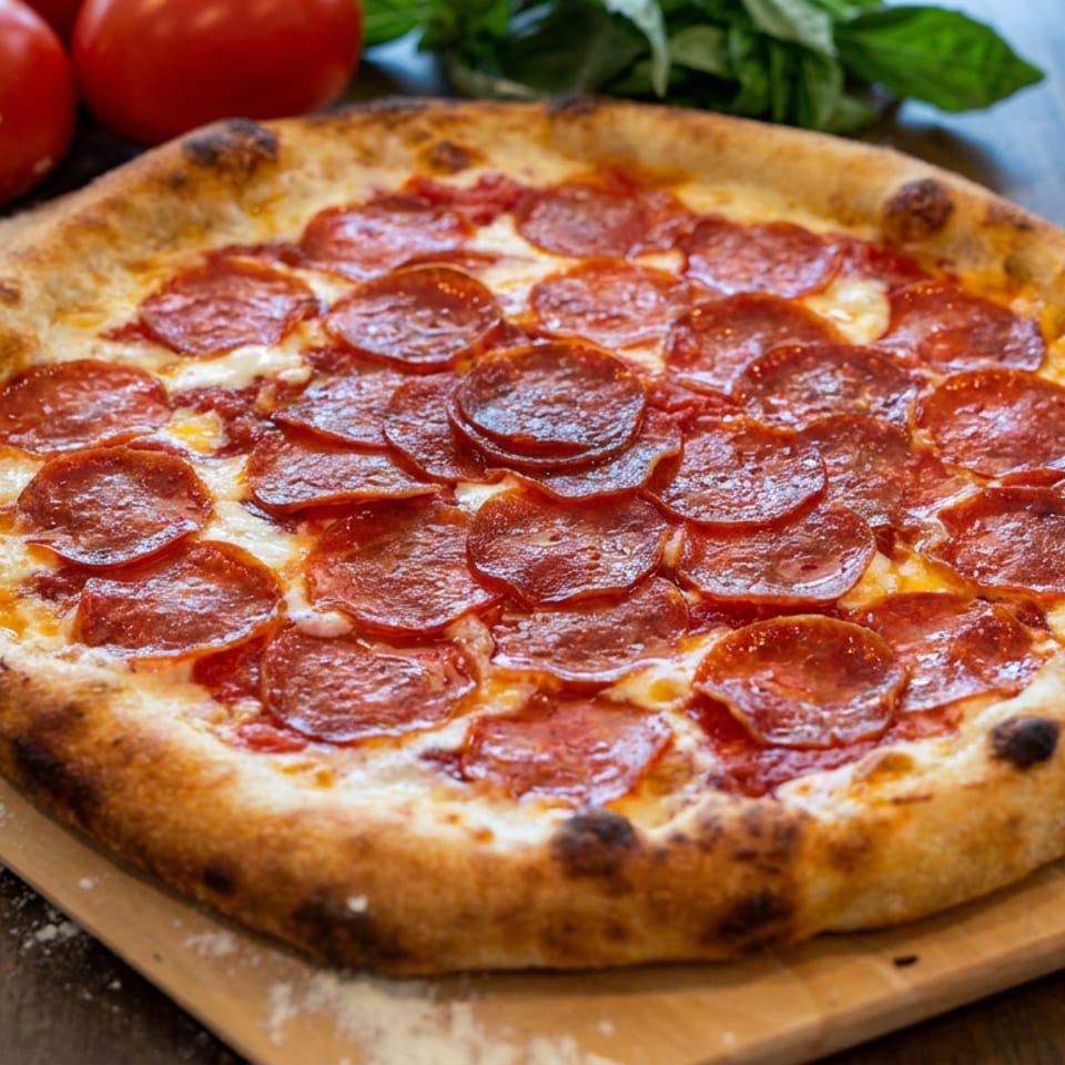 Pepperoni pizza with melted cheese and a golden, charred crust on a wooden peel, accompanied by tomatoes and basil.