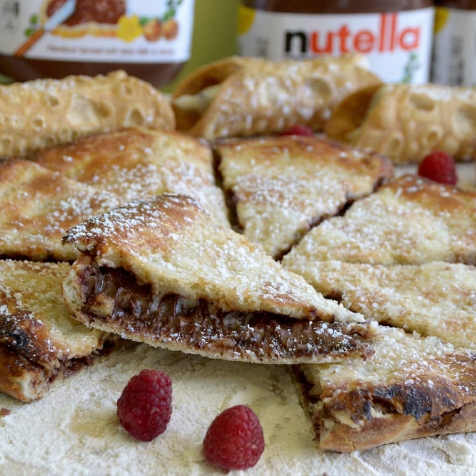 Golden pastries filled with chocolate spread, dusted with powdered sugar and surrounded by raspberries, with Nutella jars in the background.
