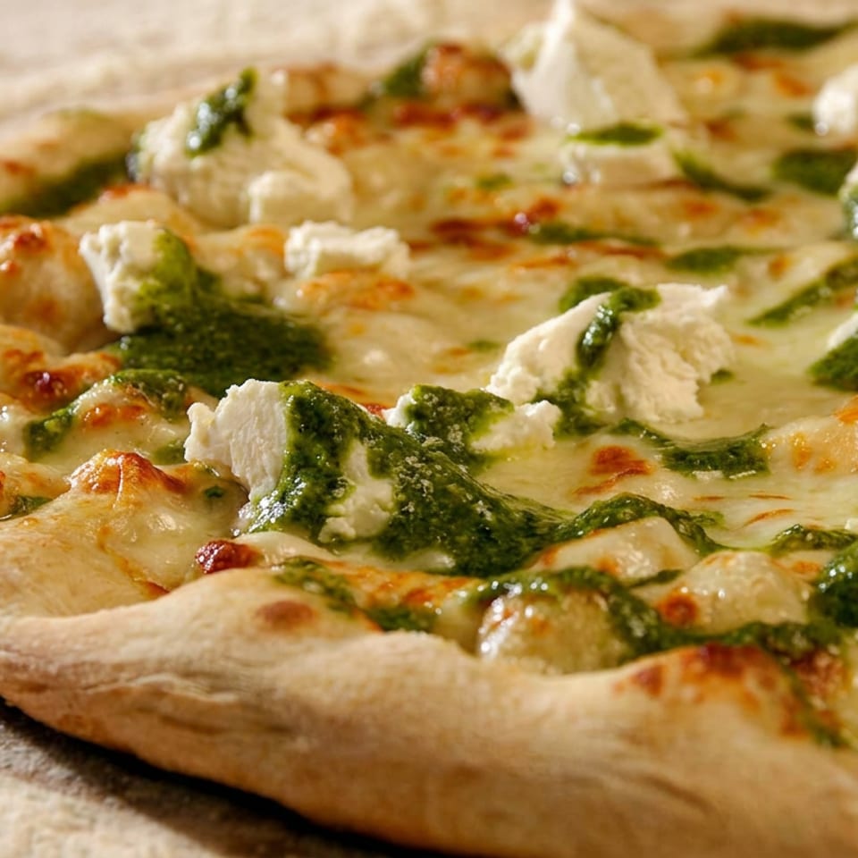 Close-up of a blistered crust pizza topped with melted cheese, fresh mozzarella, and green pesto on a floured surface.